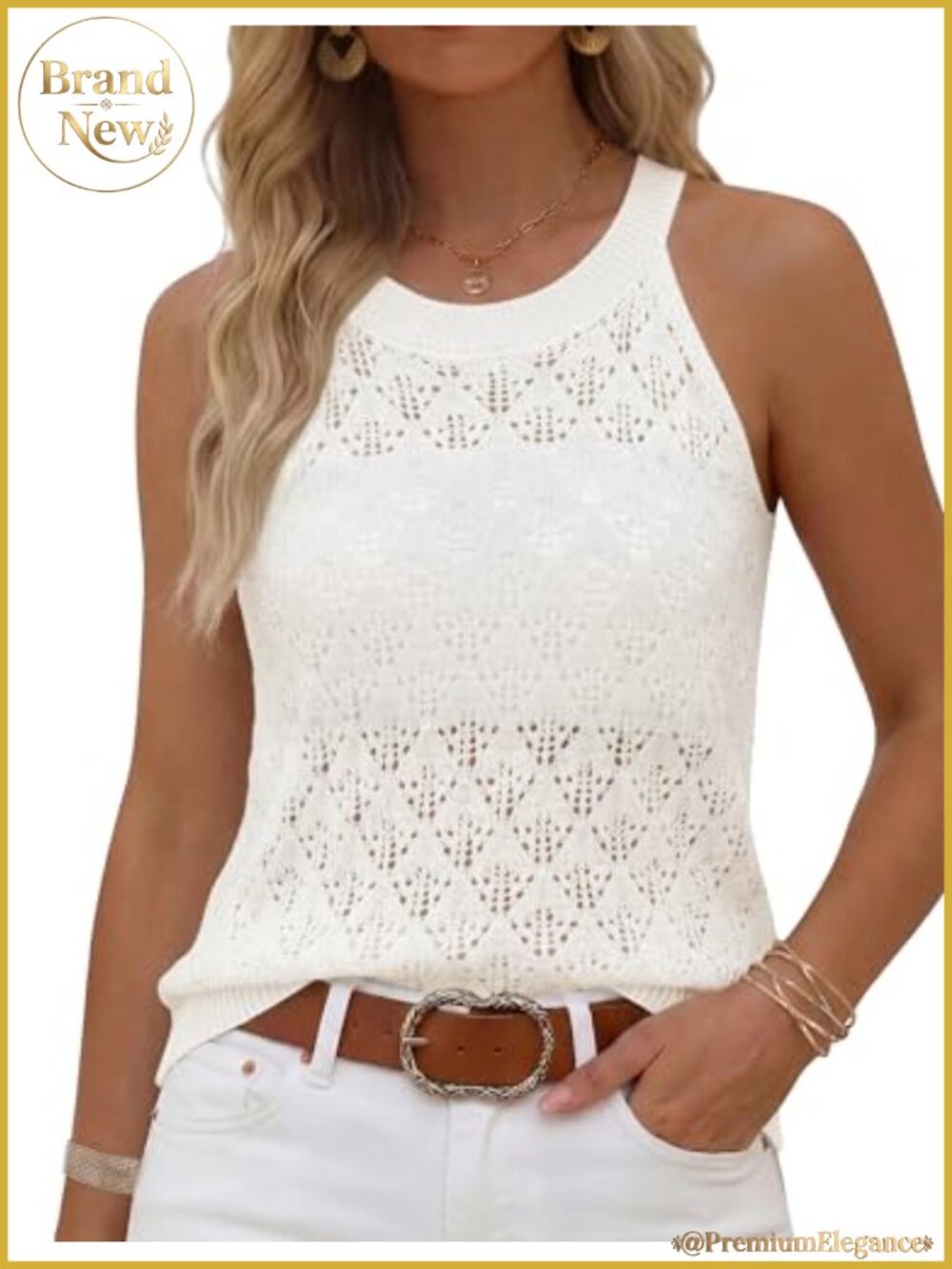 Crochet Sleeveless Sweater Vest Hollow Out Lightweight Summer Tank Crewneck